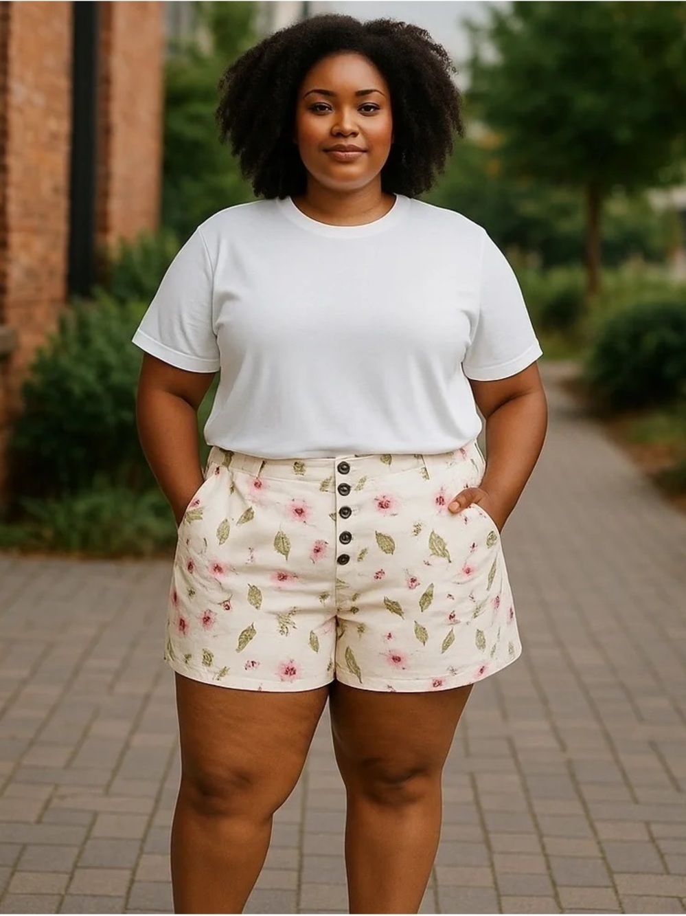 Cato | Cream Floral High-Rise Button-Front Shorts Botanical Print
